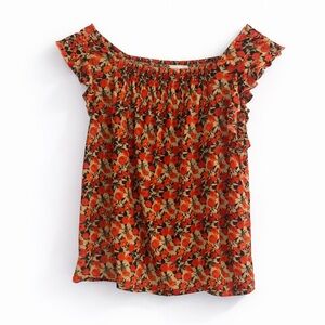 🍊 Melloday Orange & Cream Floral Ruffle Smocked Tank Top | Size M